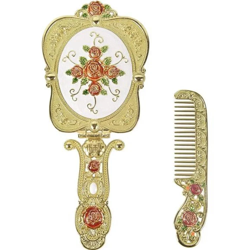 Antique Mirror Comb Set Vintage Metal Handheld Makeup Mirror with a Comb Russian